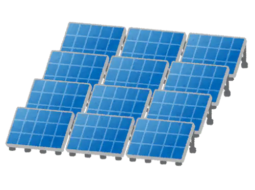 自然の中に設置された大規模な太陽光パネル（メガソーラー）のイラスト